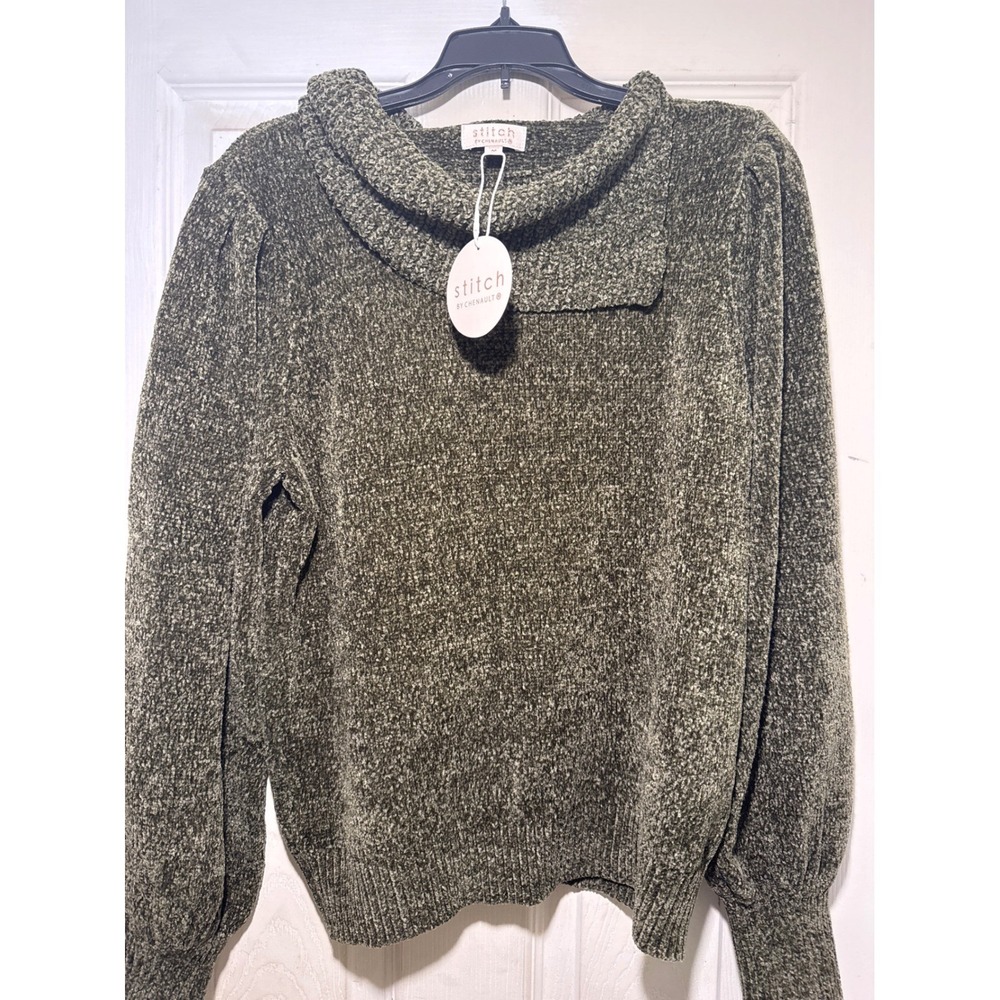 NWT Stitch by Chenault Women's Green Chenille Cowl Neck Puff‎ Sleeve Sweater M